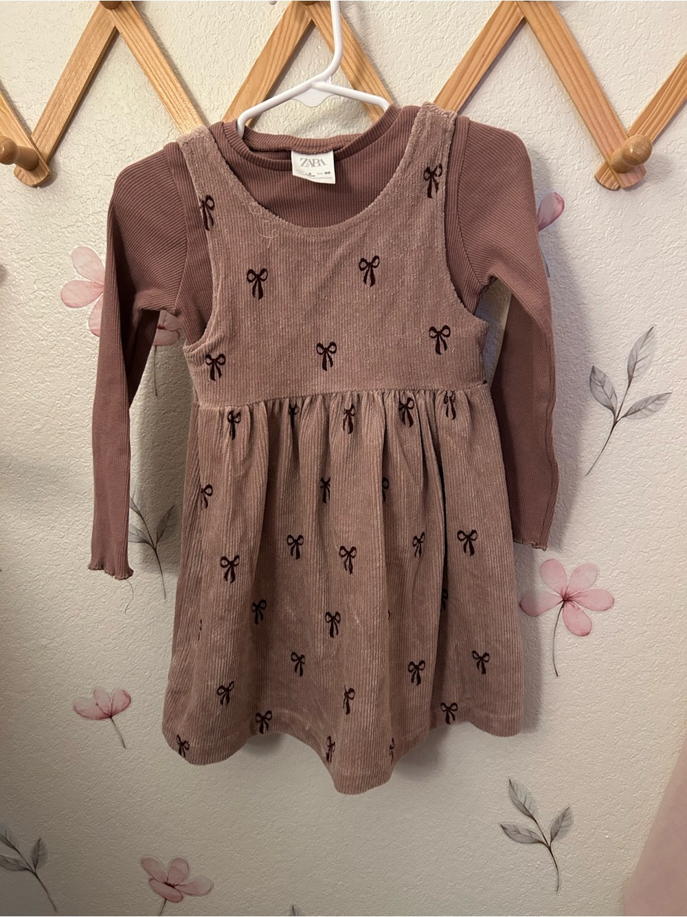 ZARA Girls Mauve Bow-Print Corduroy Dress with Long-Sleeve Top